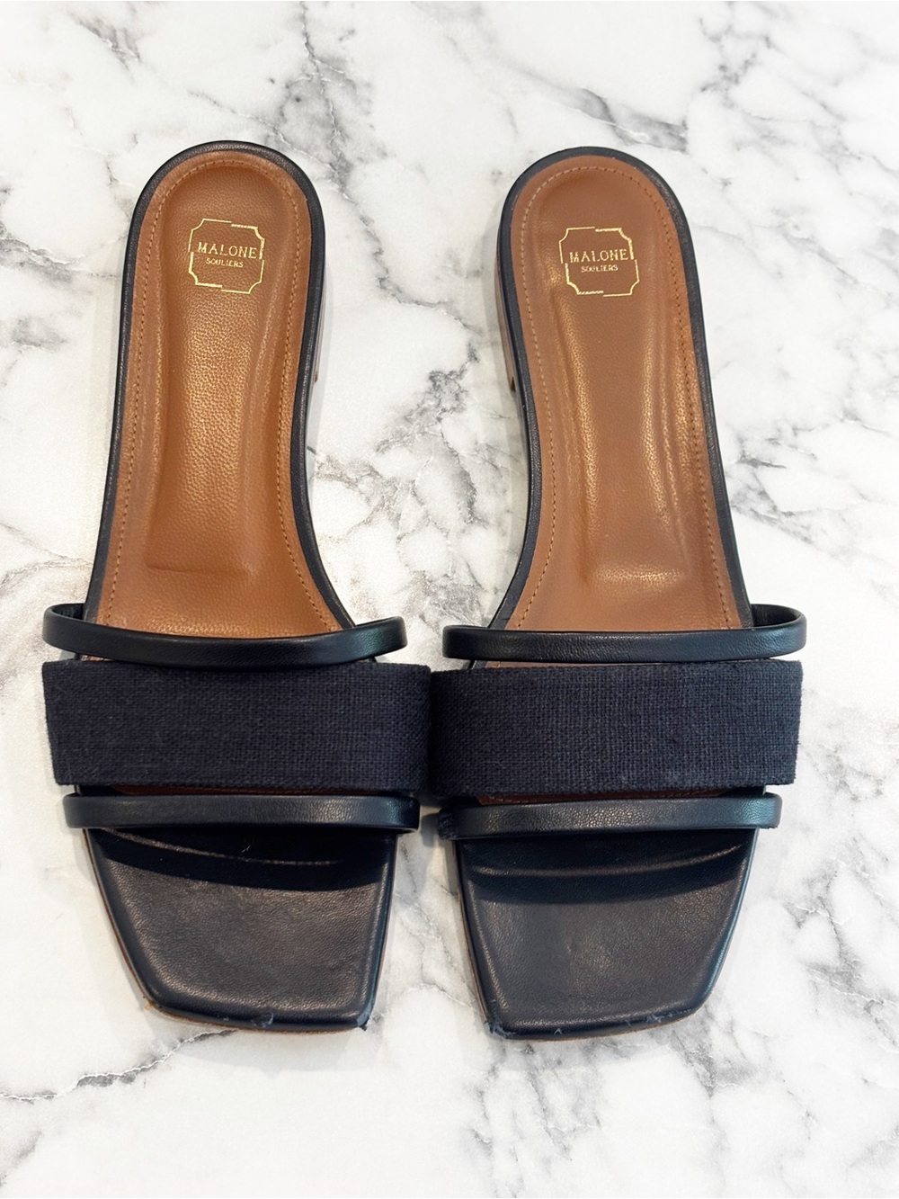 Malone Souliers Demi Navy Blue Flat Slide Sandals EU 38 Square Toe